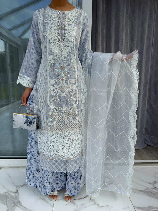 MINAL - Embroidered organza kameez with floral printed silk lining and Sharara