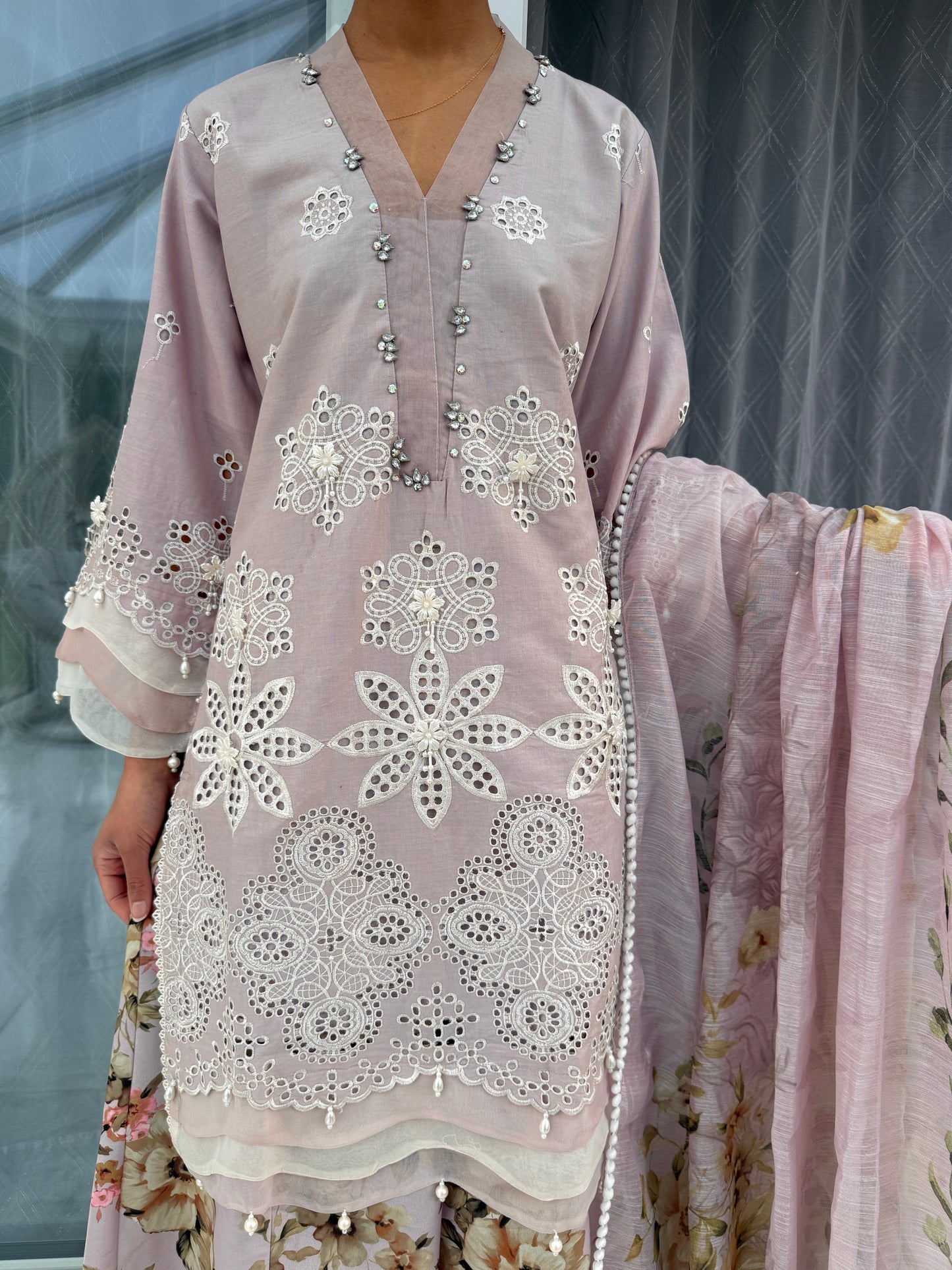 AINA - Embroidered soft cotton kameez with floral printed Sharara