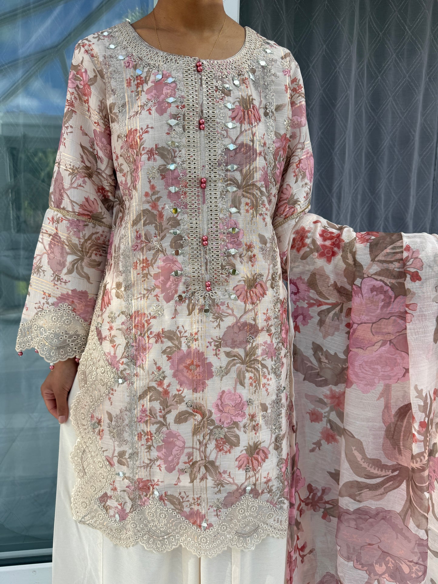 GULNAZ SHARARA - Embroidered floral printed Monar kameez with Kali sharara pink