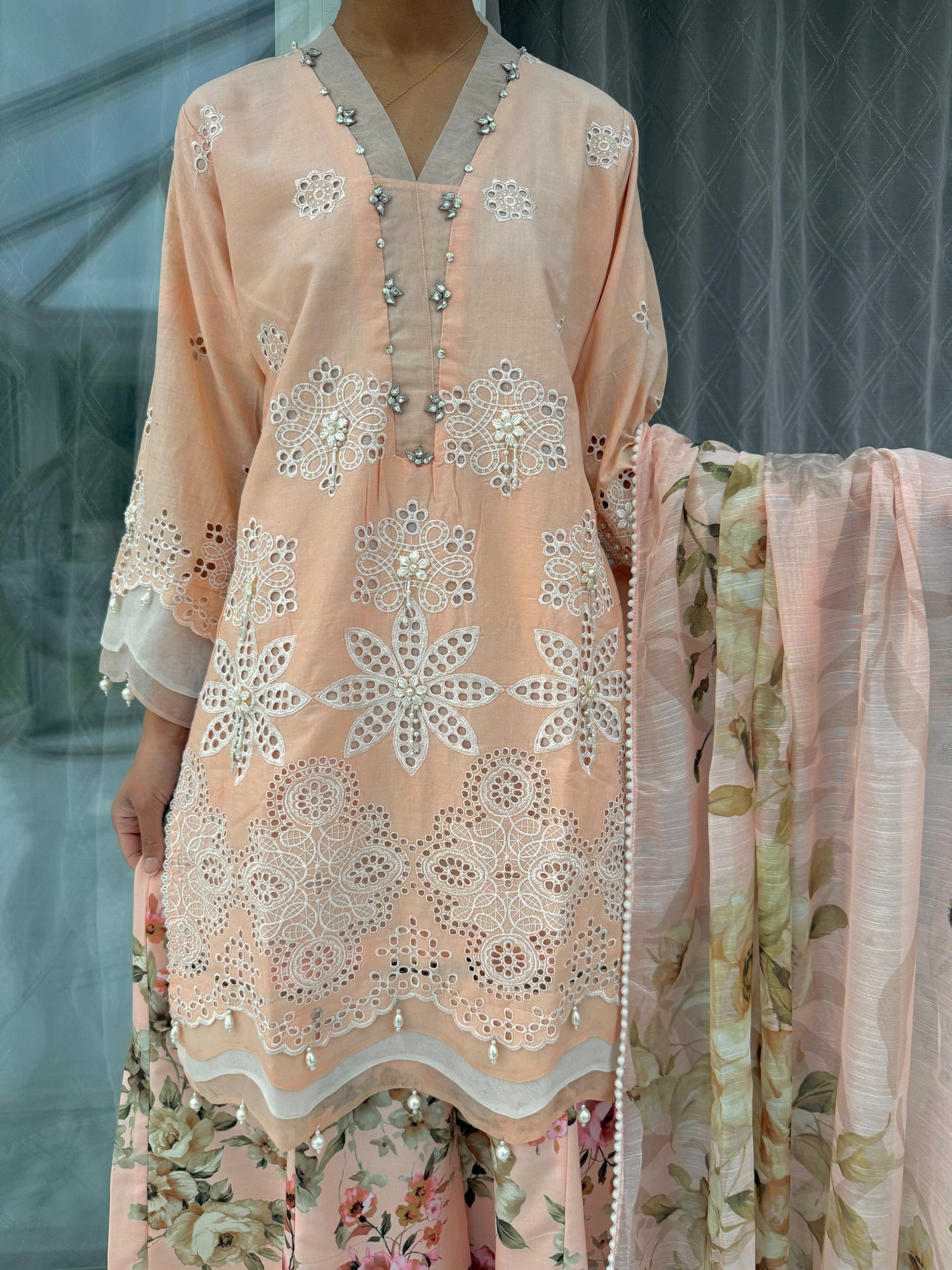 AINA - Embroidered soft cotton kameez with floral printed Sharara