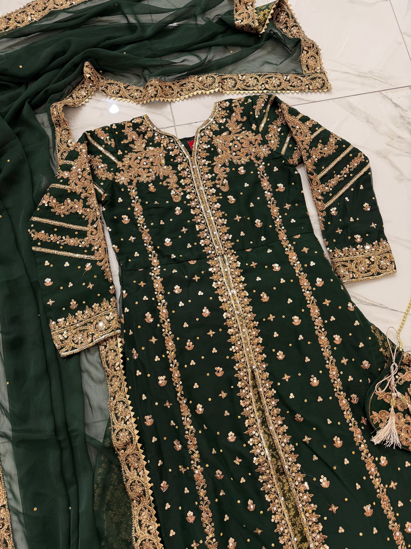 JANNAT - Embroidered chiffon kameez with brocade lengha green