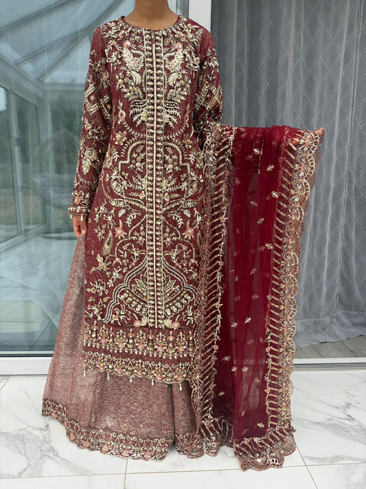 ALAIRA BURGUNDY - Handwork embellished net outfit with sharara
