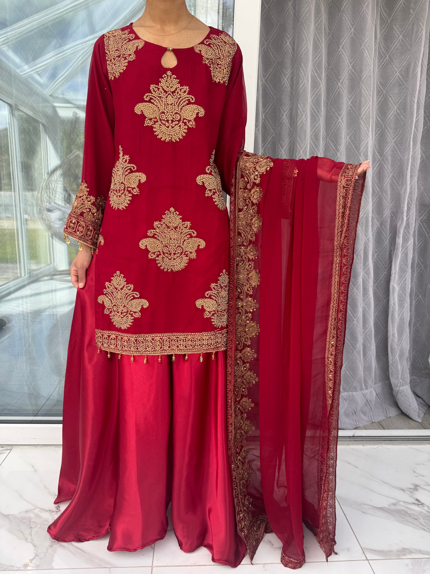 HASEENA MAROON - Embroidered chiffon kameez with diamante & silk sharara