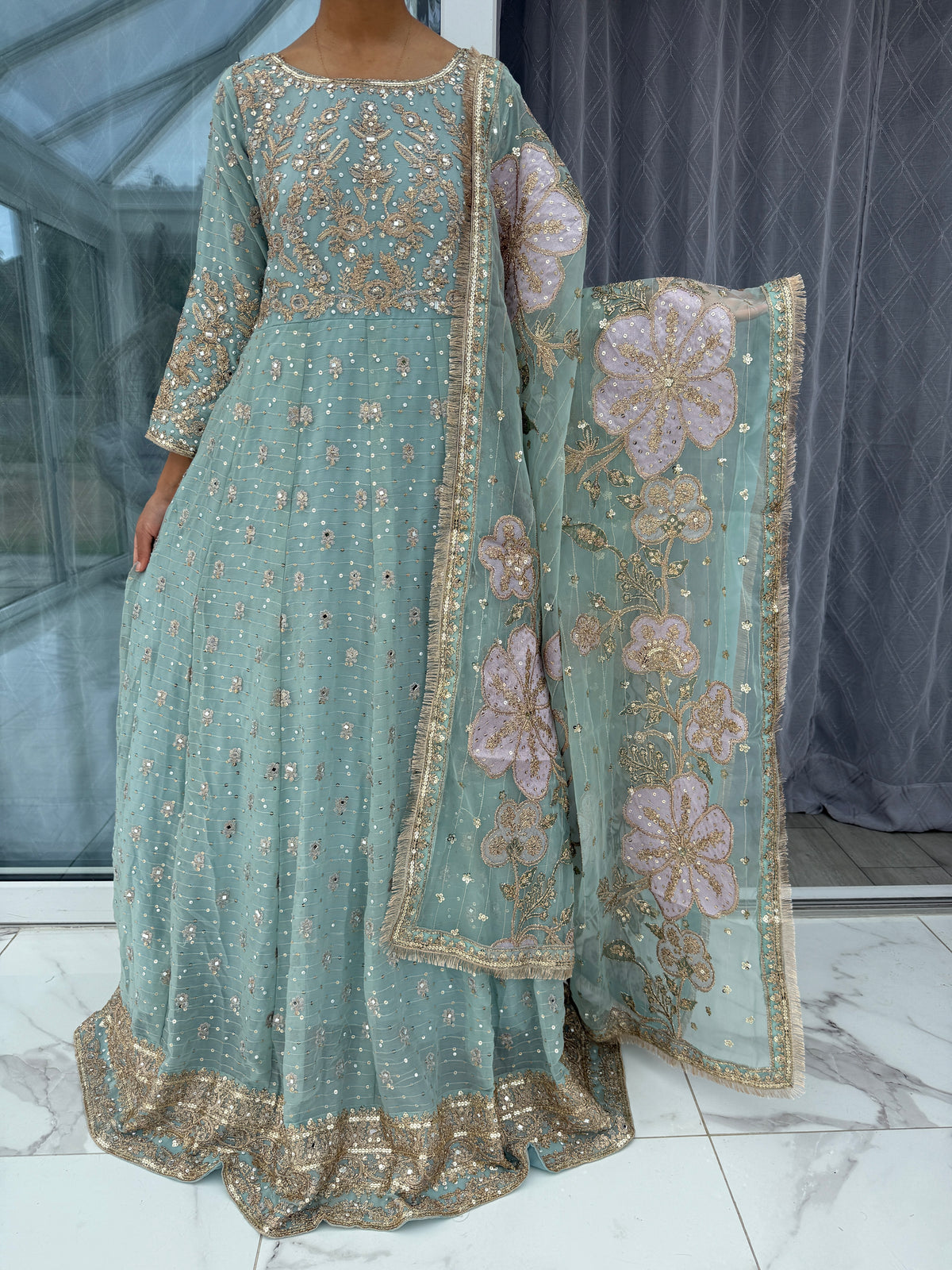 KAINAZ - Embroidered chiffon partywear maxi dress