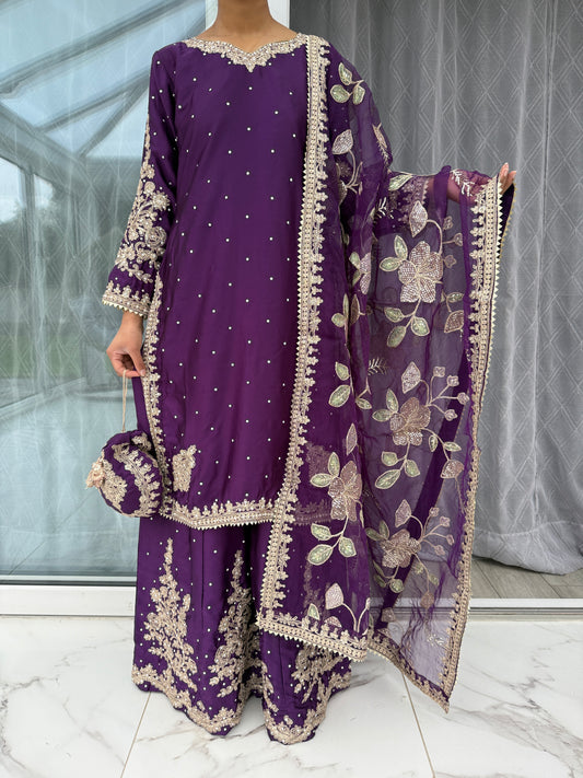 KASHISH PURPLE - Embroidered silk kameez with sharara