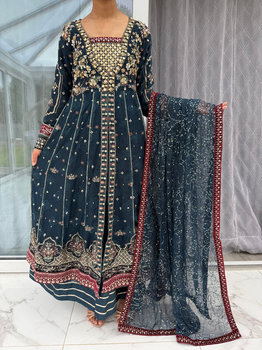 RANI TEAL - Embroidered double layered partywear dress