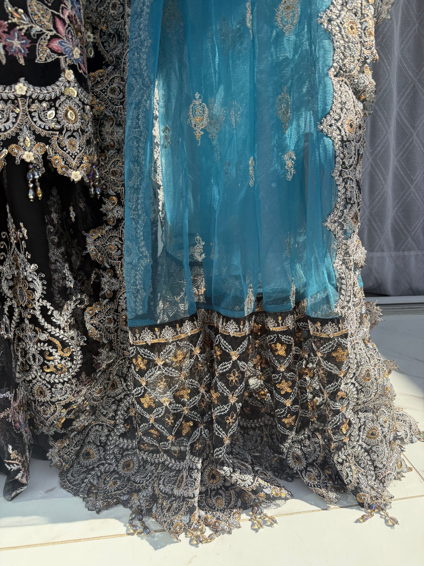 ZARKASH - Heavy embellished net kameez with embroidered sharara