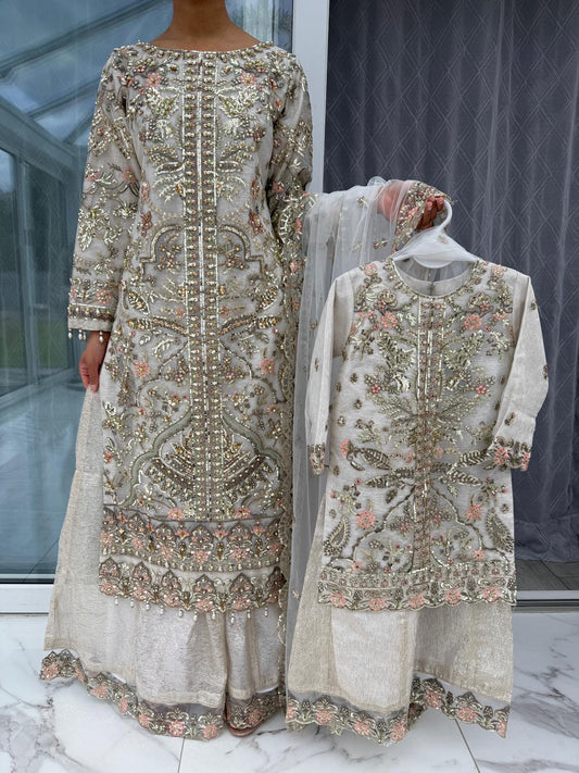 ALAIRA WHITE - Handwork embellished net outfit with Sharara