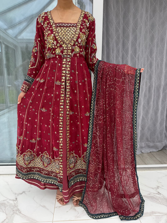 RANI MAROON - Embroidered double layered partywear dress