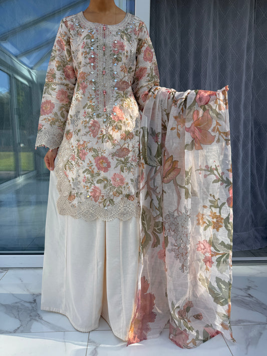 GULNAZ SHARARA - Embroidered floral printed Monar kameez with sharara peach