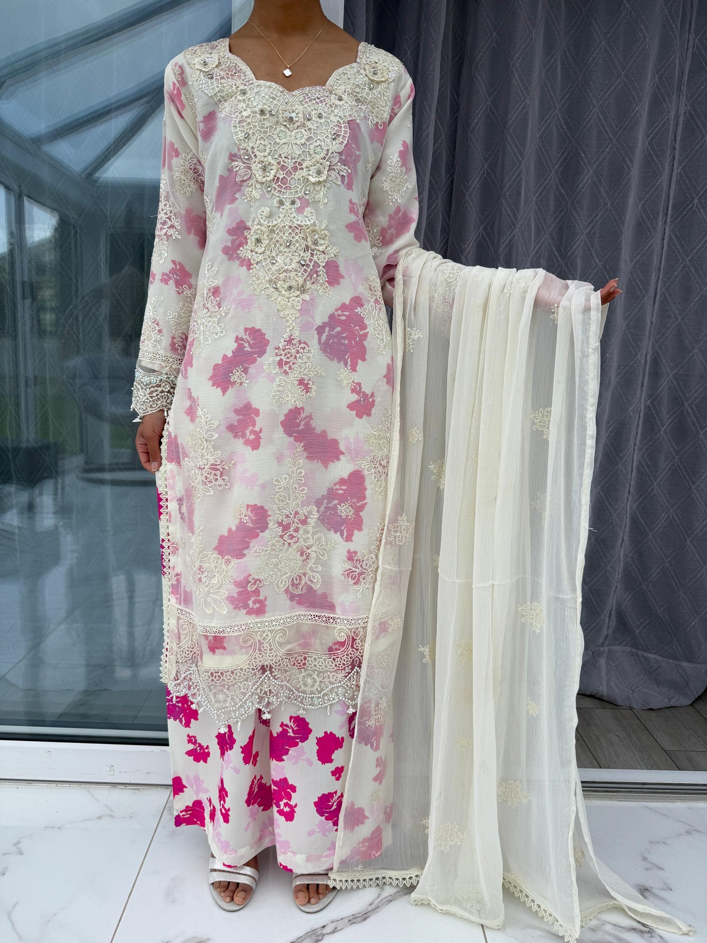 AHANA - Embroidered chiffon kameez with plazo/dupatta