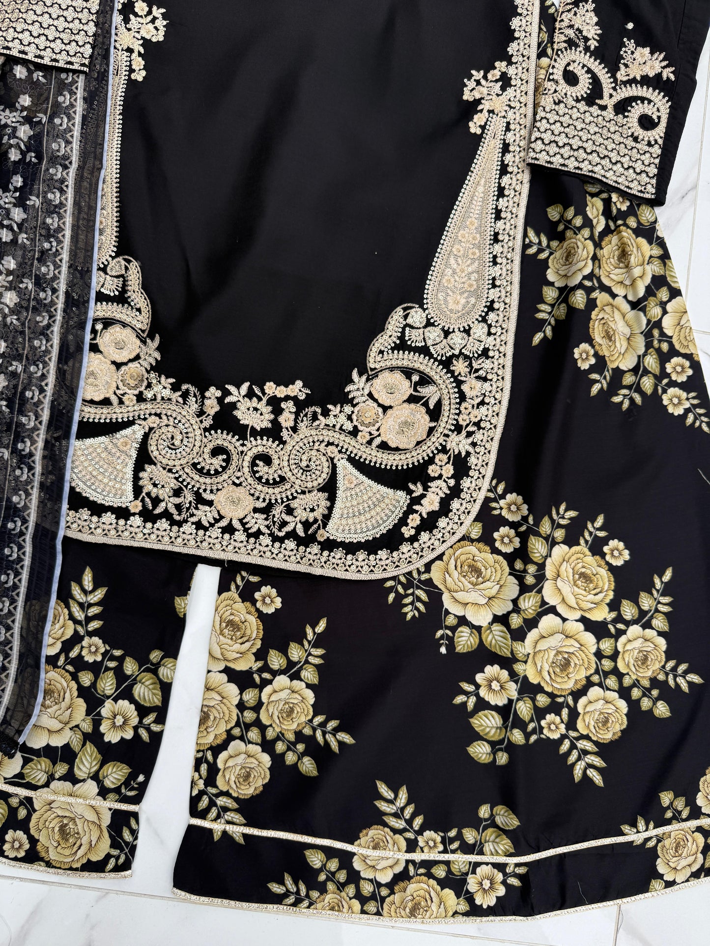 MIRA MOTHER/DAUGHTER COLLECTION BLACK - Embroidered kameez with printed Sharara