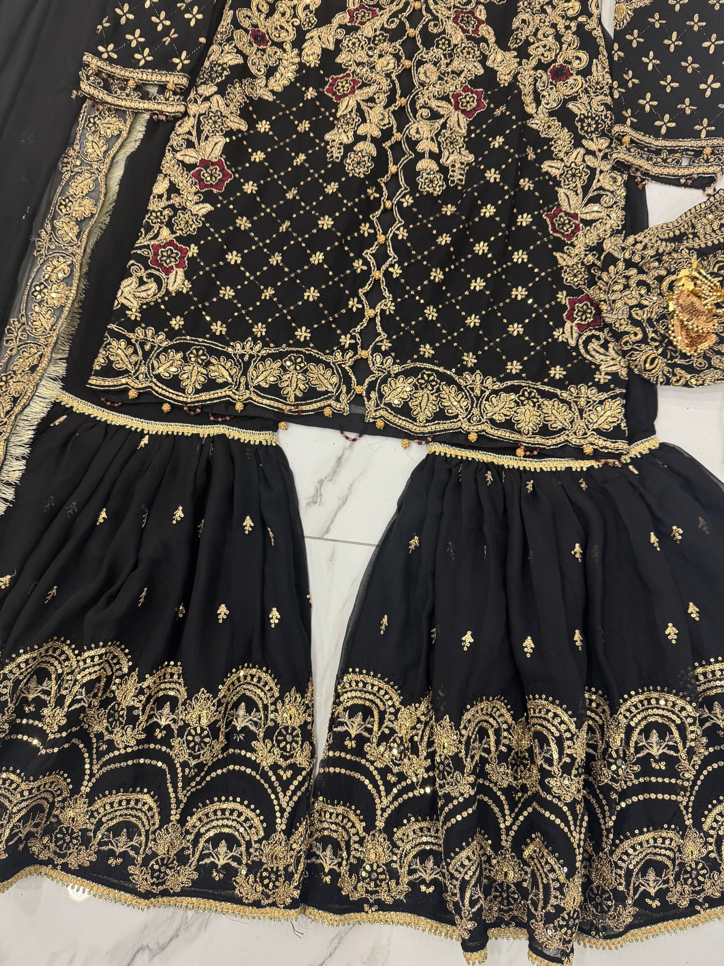 HUSN - Embroidered chiffon readymade outfit with Farshi gharara