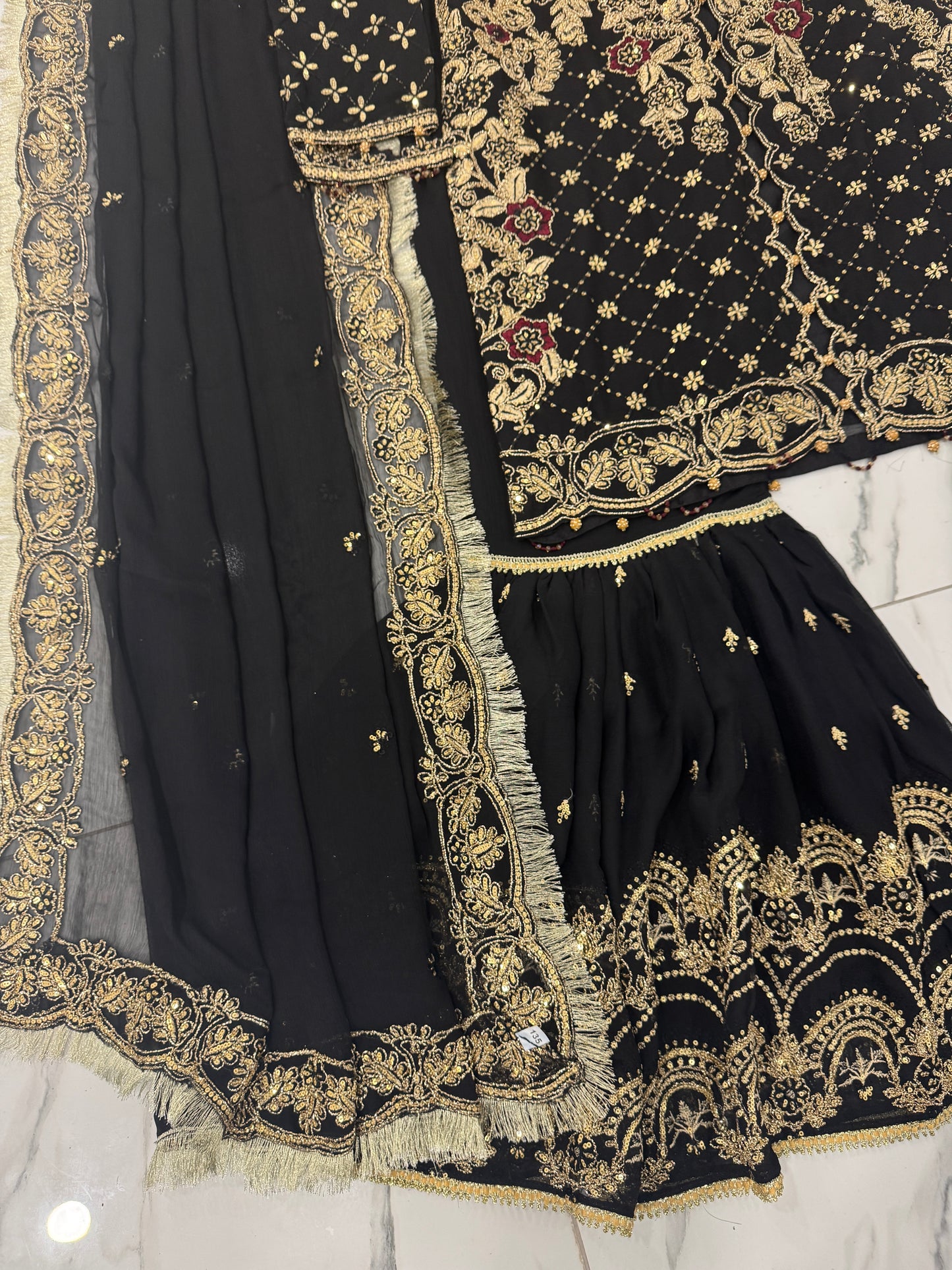 HUSN - Embroidered chiffon readymade outfit with Farshi gharara