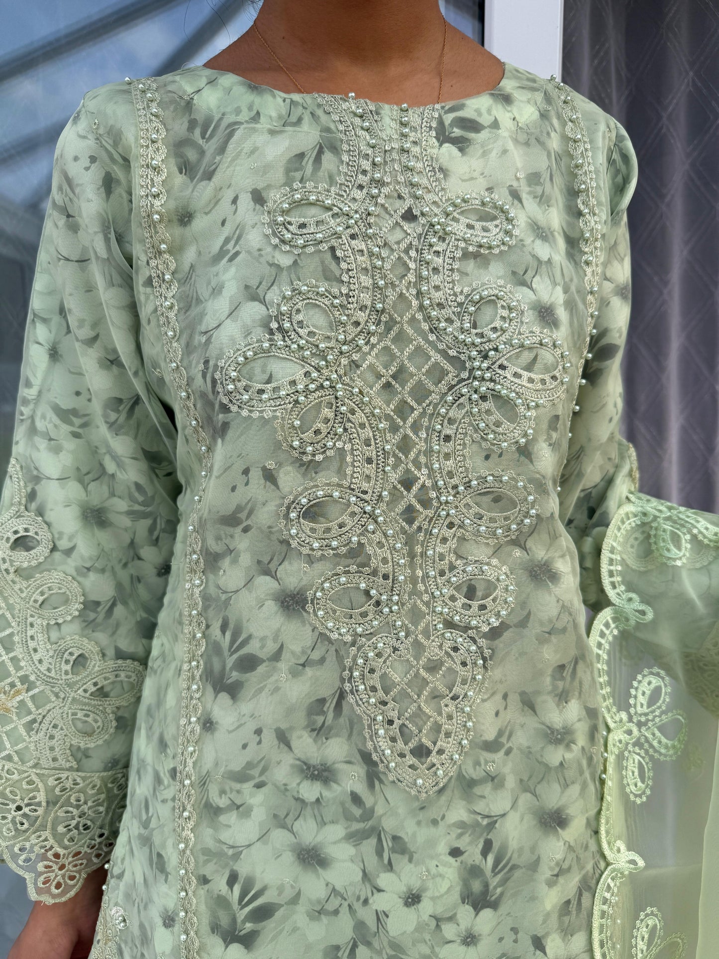 MINAL - Embroidered organza kameez with floral printed silk lining and Sharara