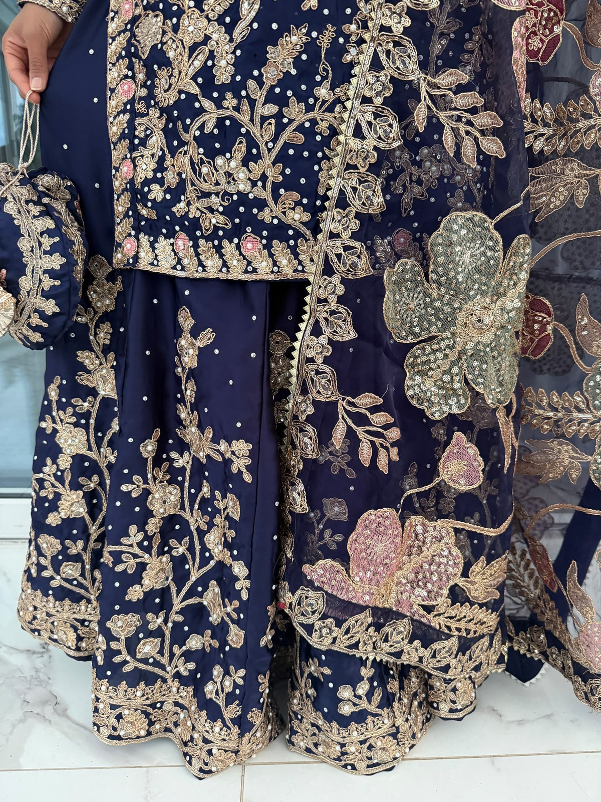 KHAANI NAVY BLUE - Embroidered luxury silk kameez with Sharara
