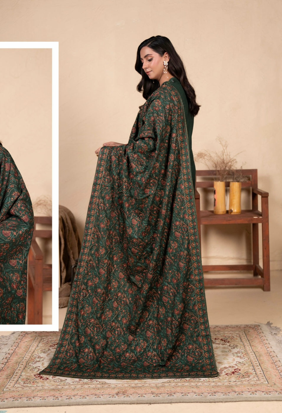 MAHAM GREEN - Embellished Dhanak kameez with embroidered Kashmiri shawl and plazo
