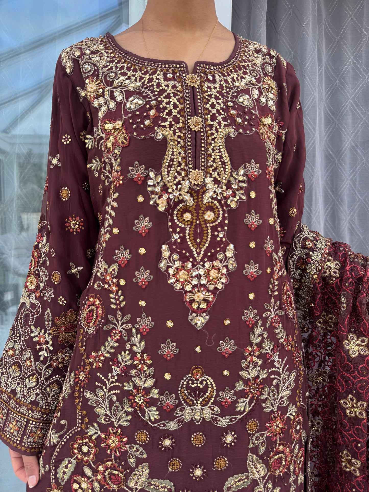 FALAQ - Embroidered Chiffon kameez with plazo brown