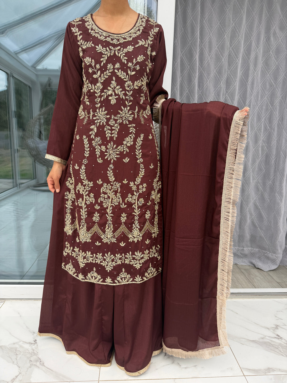 AMEERA BROWN - Embroidered raw silk kameez with diamanté & Sharara