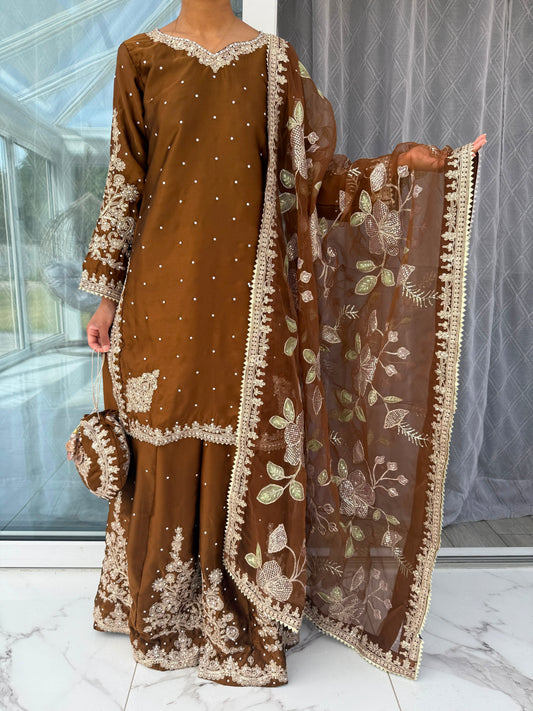 KASHISH BROWN- Embroidered silk kameez with sharara