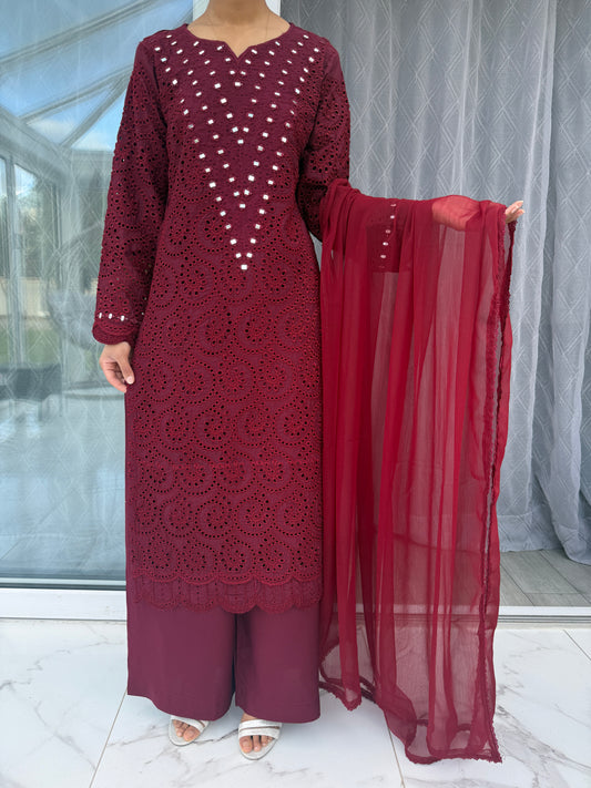 FAYZA - EMBROIDERED LINEN CHIKAN KARI KAMEEZ WITH PLAZO