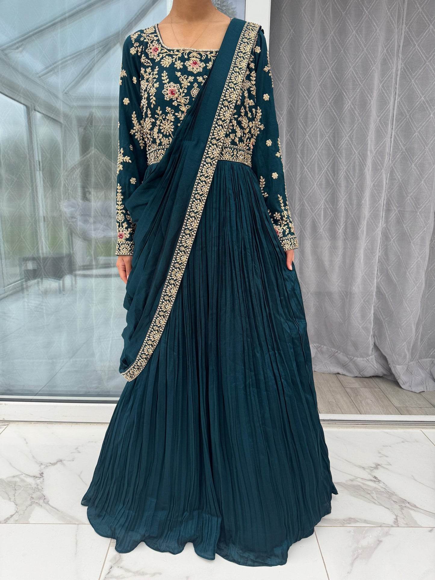 PRIYA - Embroidered saree style draped maxi dress with stonework