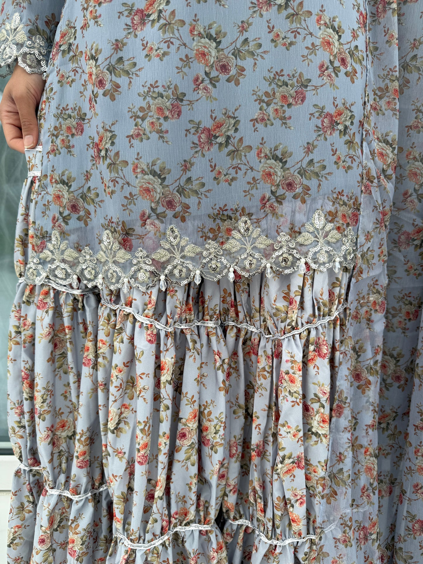 BAROQUE LUX - Embroidered and printed chiffon tiered gharara