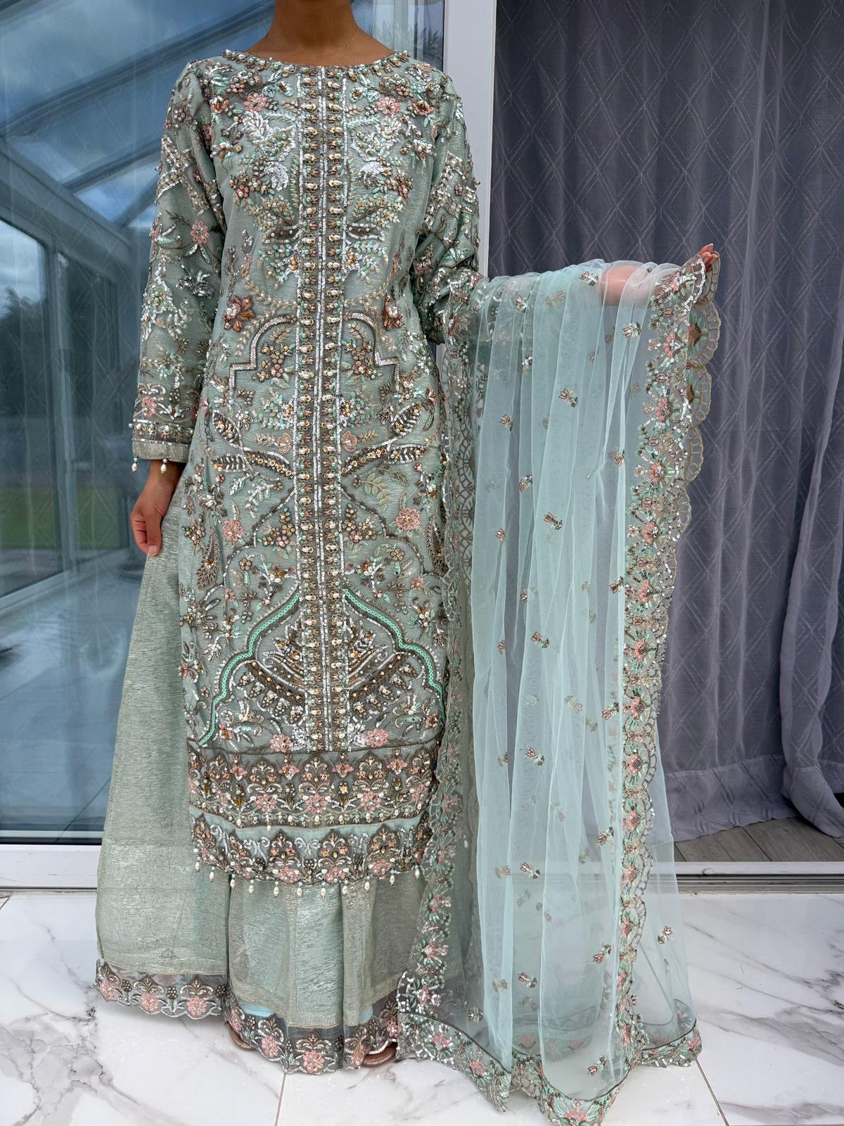 ALAIRA BLUE - Handwork embellished net outfit with Sharara