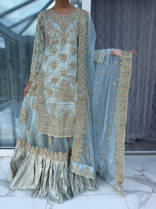 DUNIYA - Embroidered net kameez and lengha with brocade lining