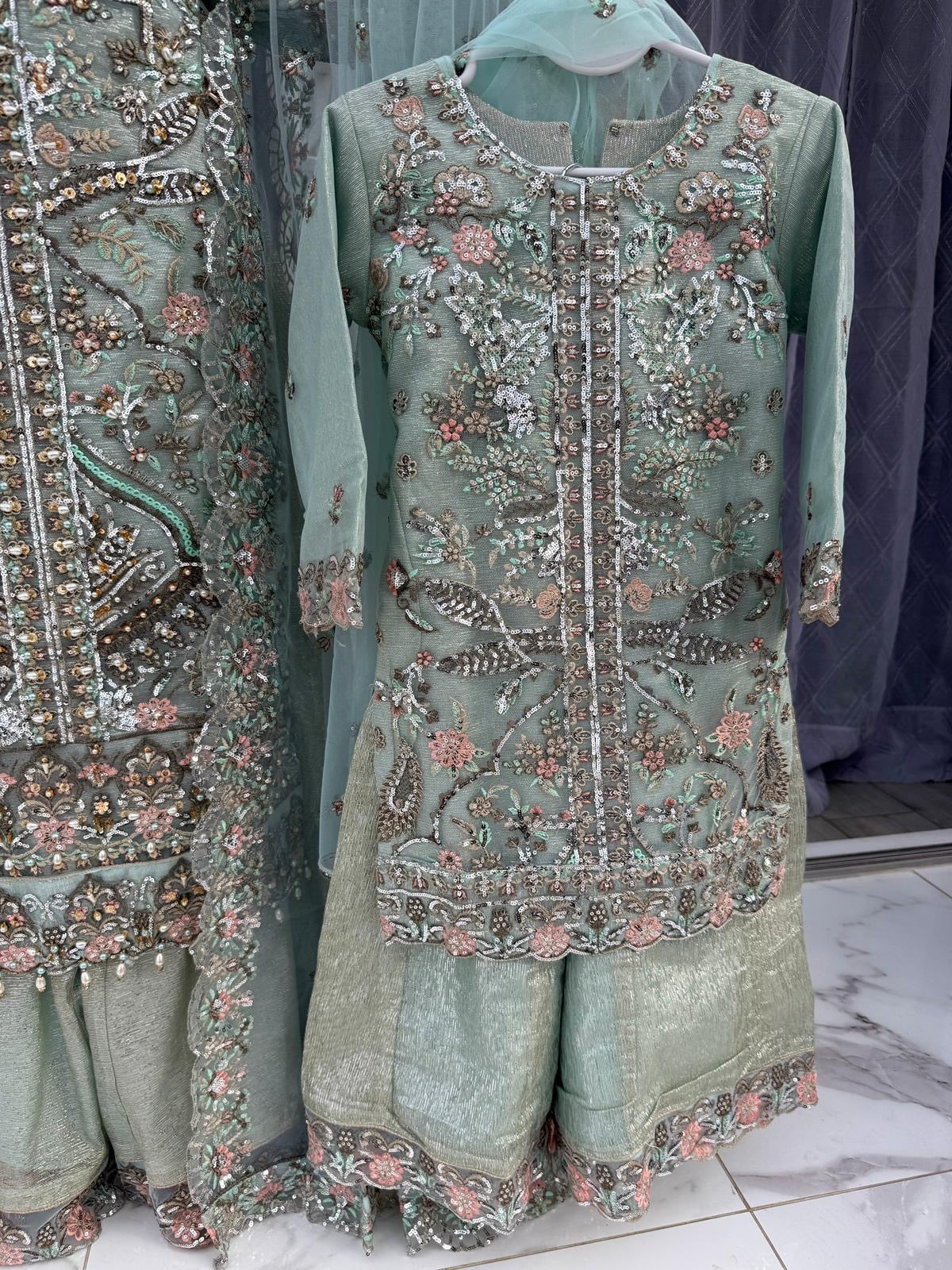 ALAIRA BLUE - Handwork embellished net outfit with Sharara