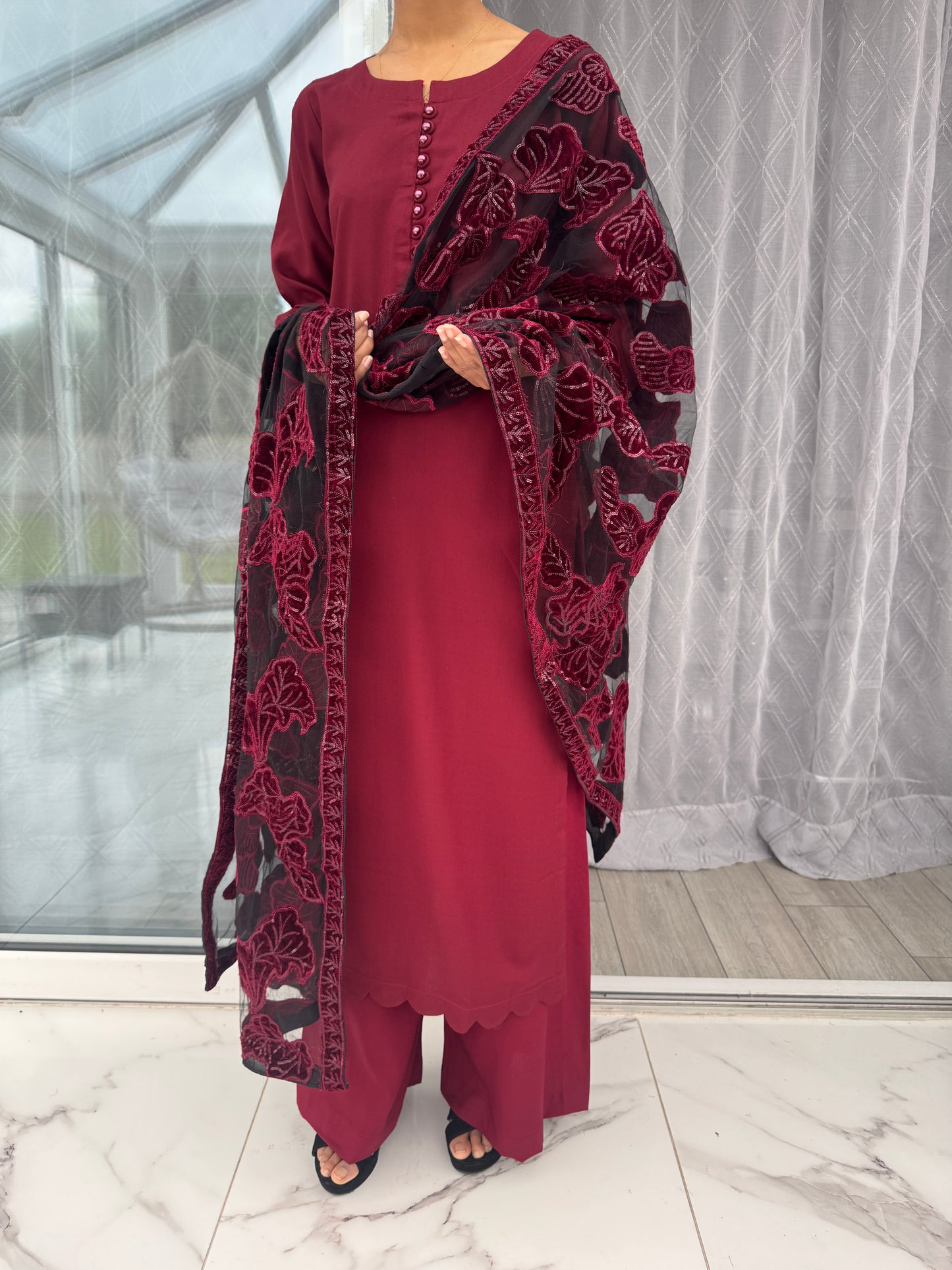 NURA SIMRANS - Dhanak readymade outfit with laserkari velvet net dupatta