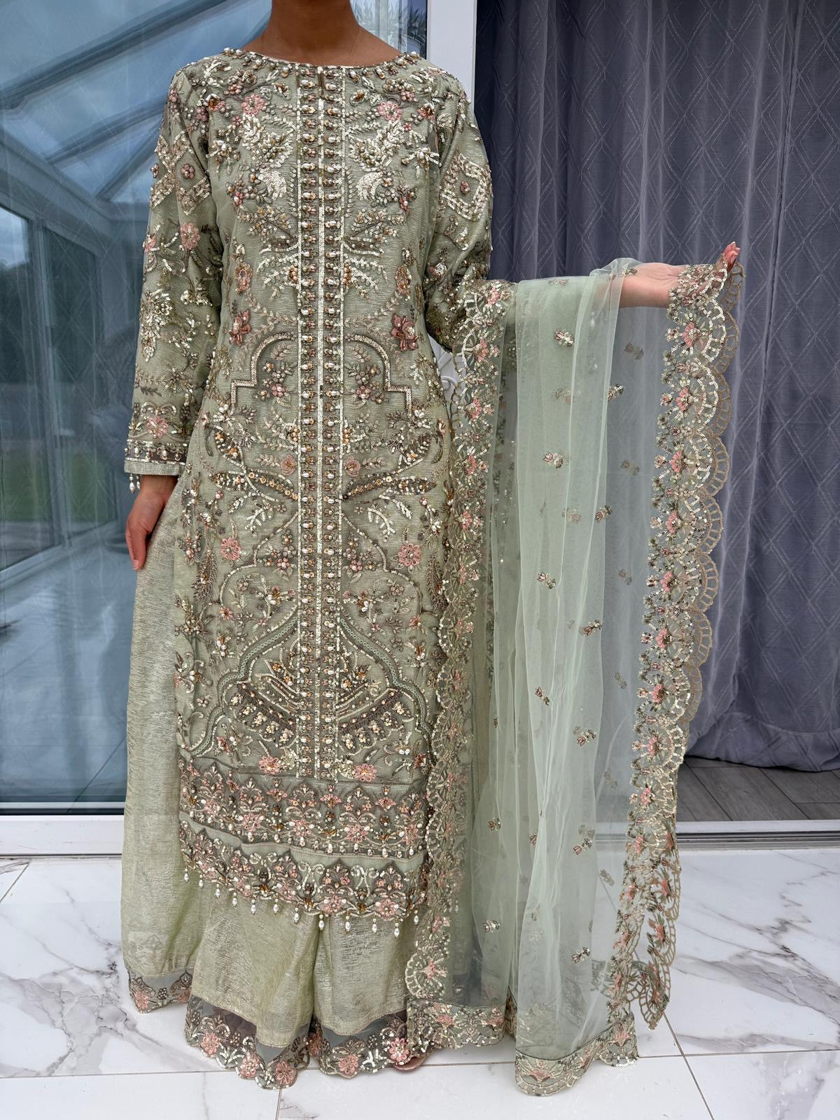 ALAIRA GREEN - Handwork embellished net outfit with Sharara