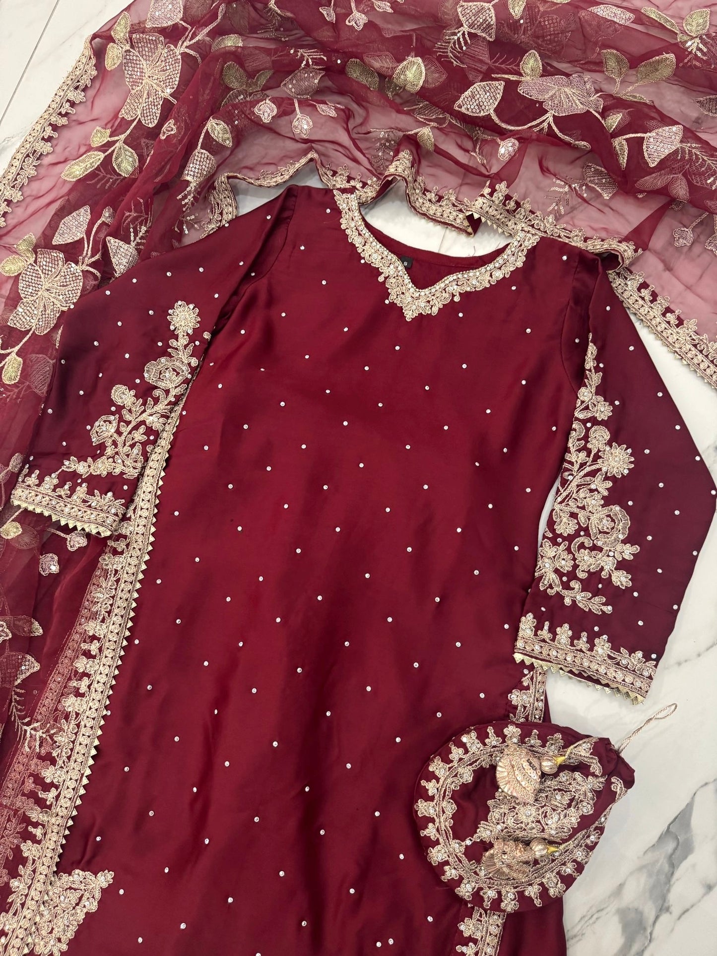 KASHISH MAROON - Embroidered silk kameez with sharara