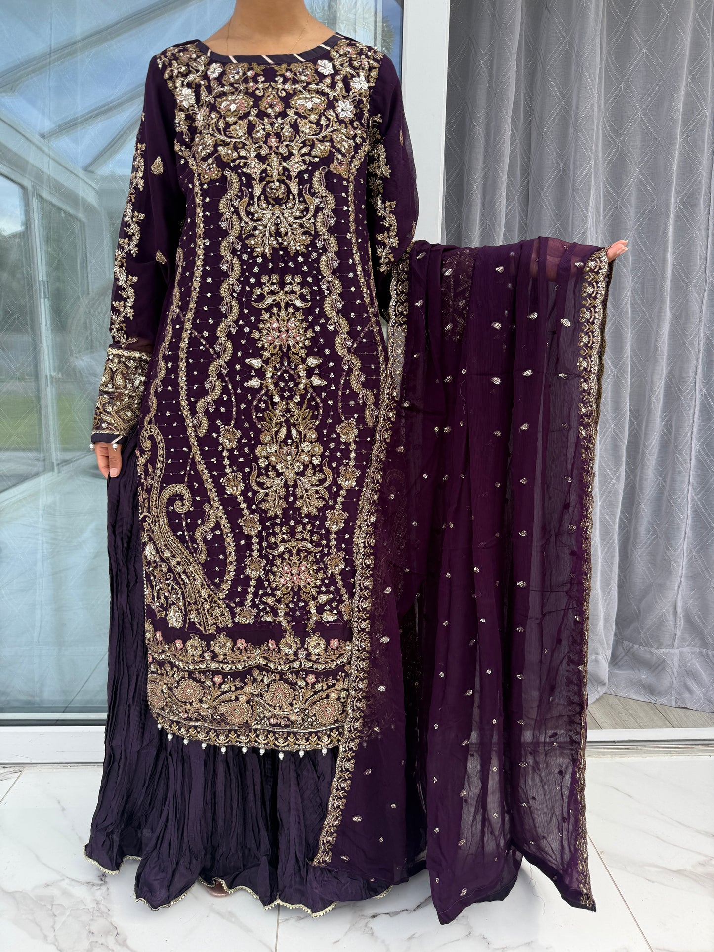 QAMAR PURPLE - Embroidered chiffon kameez with crushed sharara