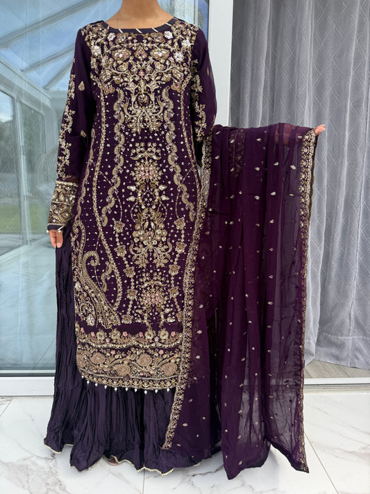 QAMAR PURPLE - Embroidered chiffon kameez with crushed sharara