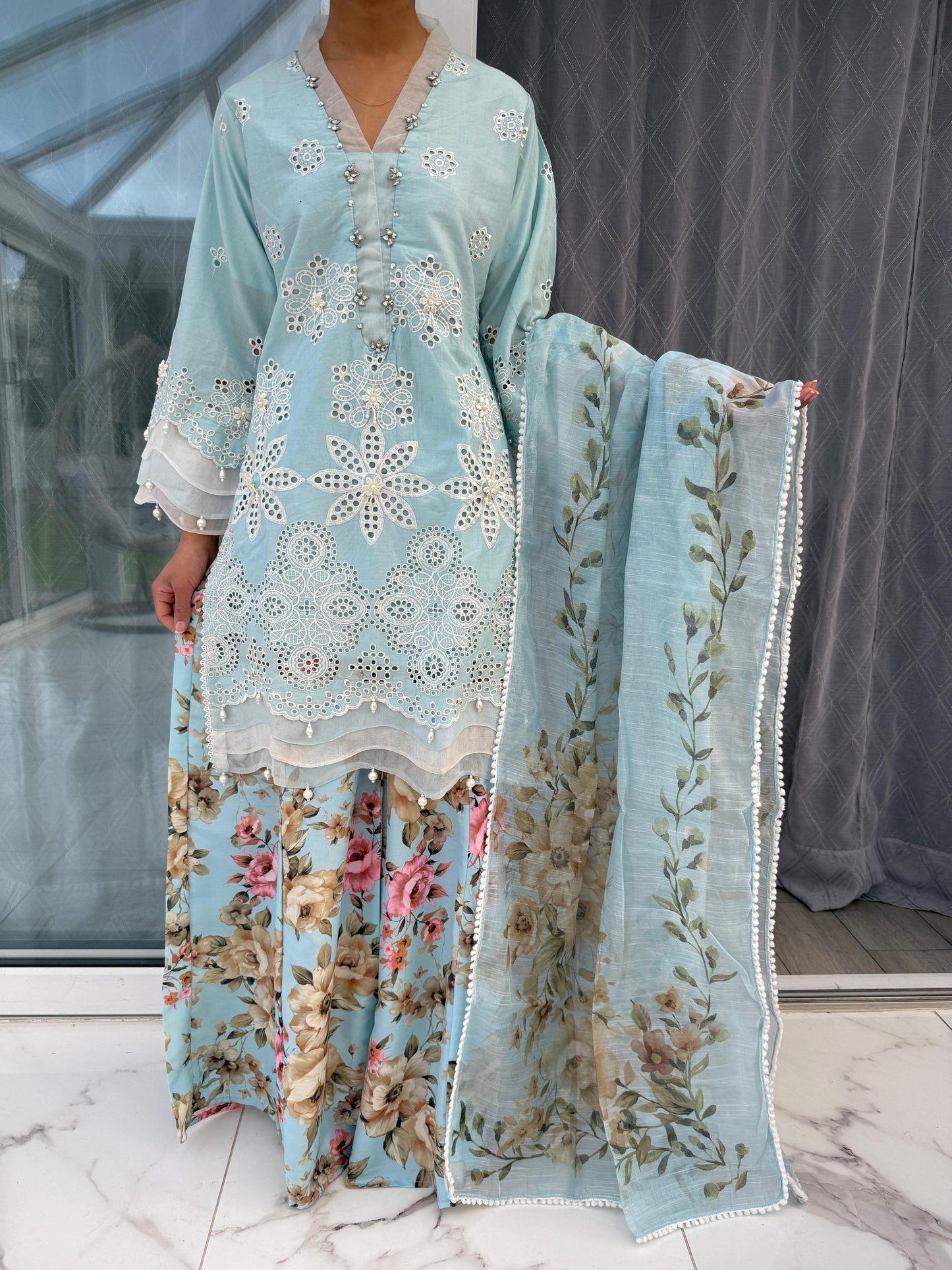 AINA BLUE - Embroidered soft cotton kameez with floral printed Sharara