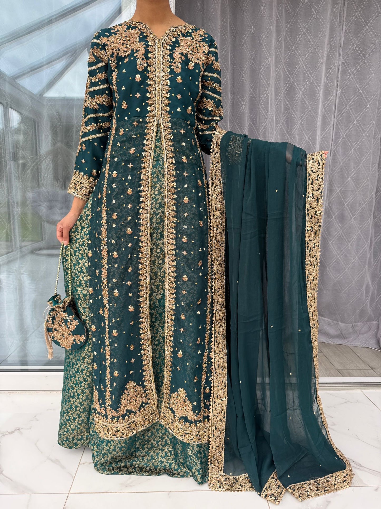 JANNAT DARK TEAL - Embroidered chiffon kameez with brocade lengha