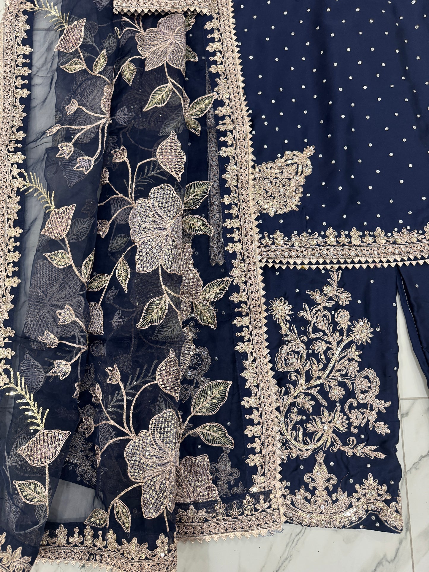 KASHISH - Embroidered silk kameez with sharara navy blue