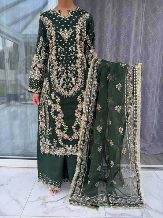 KHAYAAL - Embroidered organza kameez with plazo green