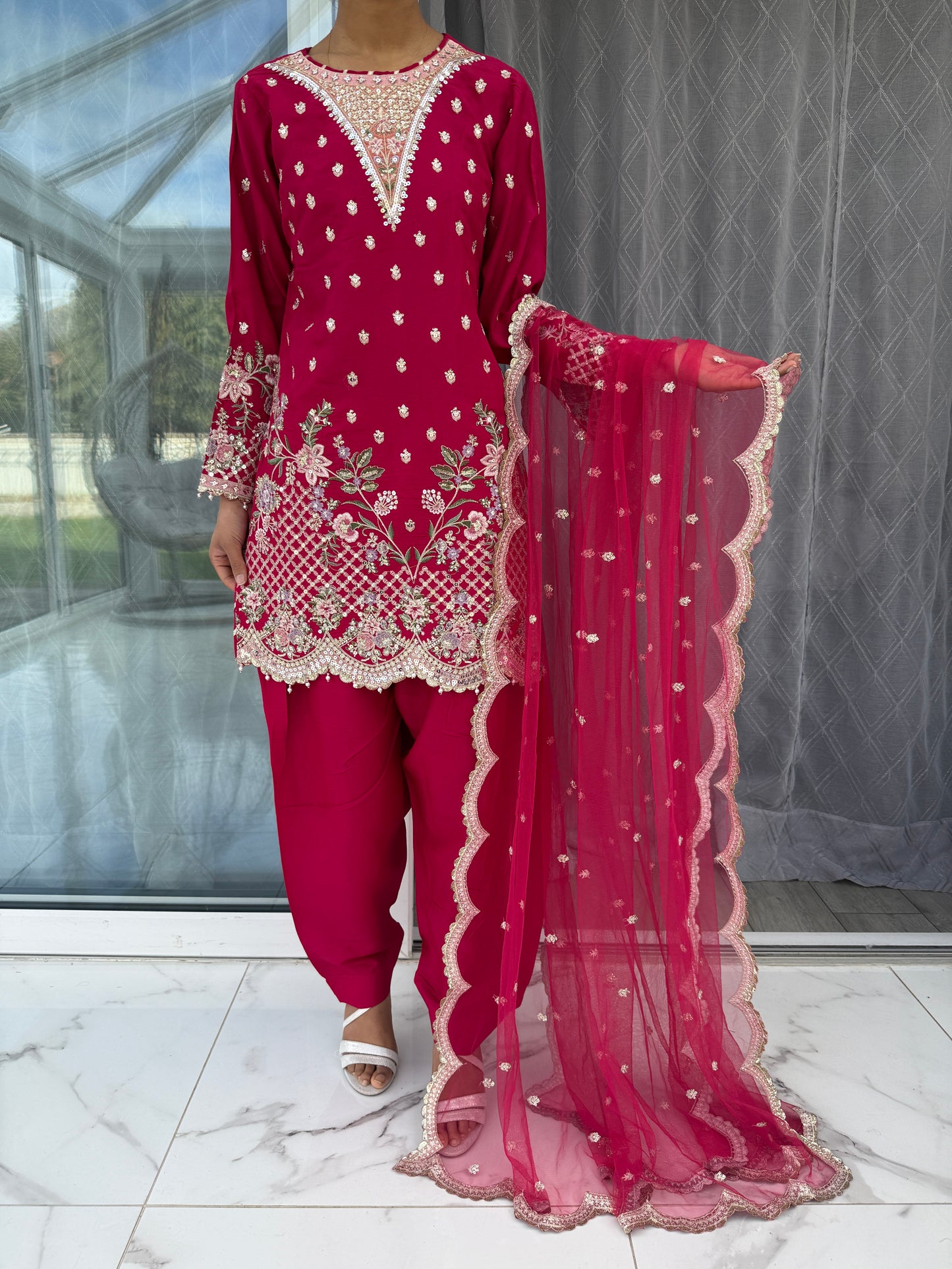 ETHNIC EID FESTIVE - Embroidered viscose kameez with net duppatta/shalwar