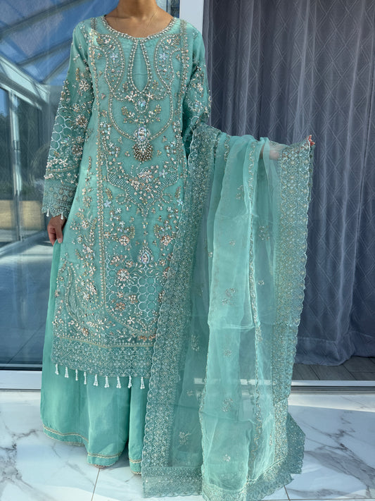 ANIQA - Embroidered organza kameez with handwork and Kali Sharara