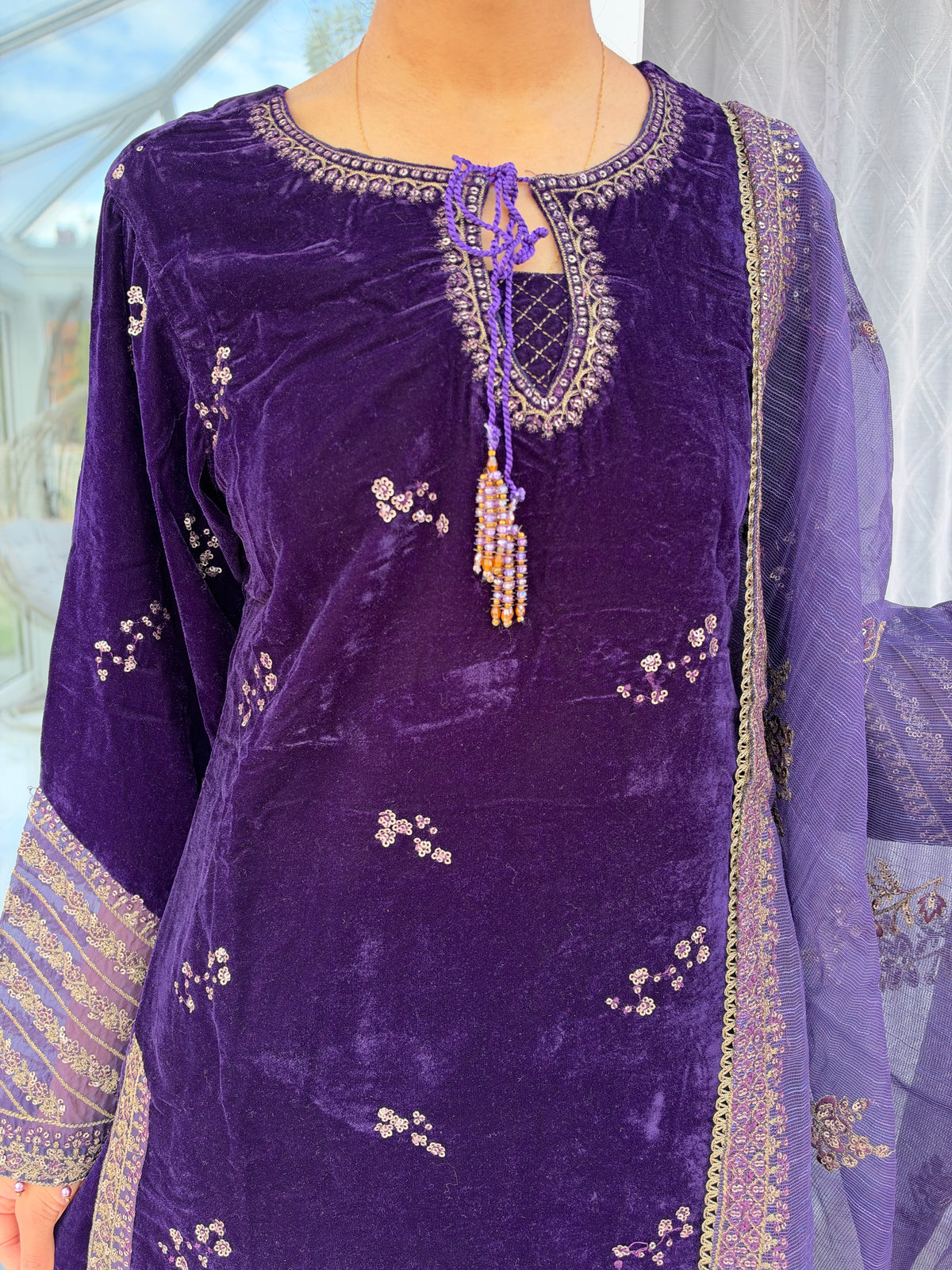 NAQSH PURPLE - Embroidered luxury velvet kameez with Sharara