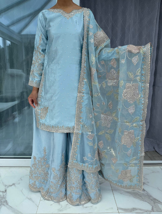 KASHISH - Embroidered silk kameez with sharara