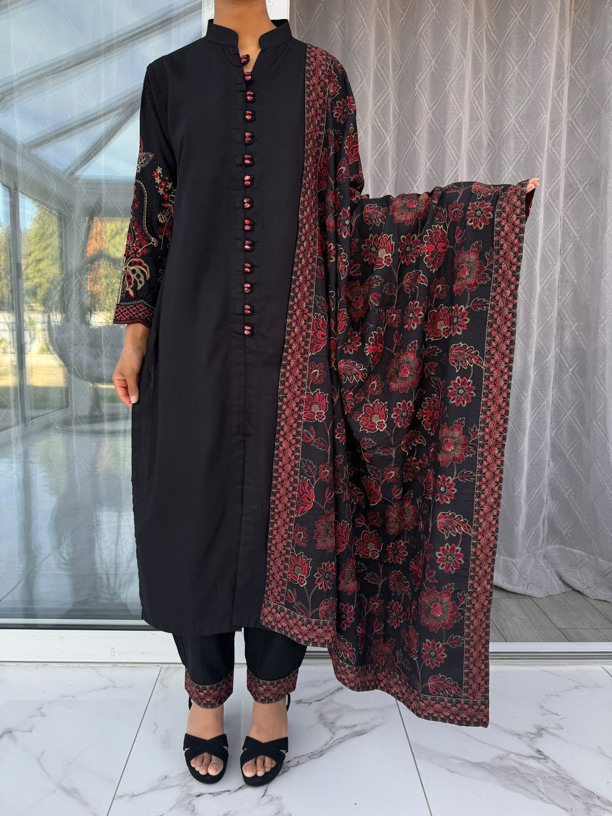MAHAM BLACK- Embellished Dhanak kameez with embroidered Kashmiri shawl and straight trousers