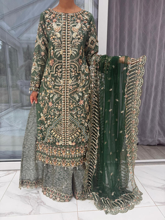 ALAIRA GREEN - Handwork embellished net outfit with sharara