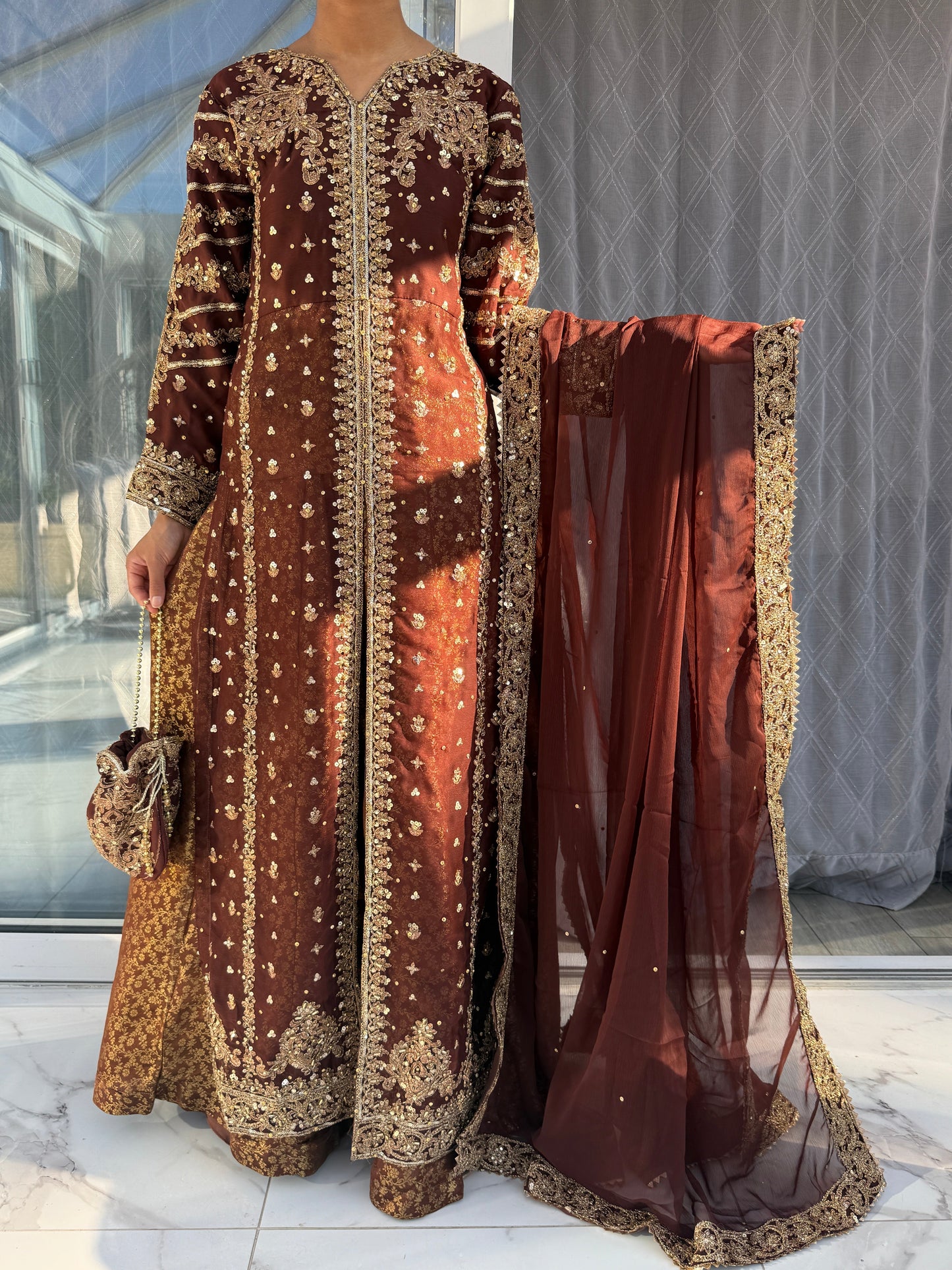 JANNAT BROWN - Embroidered chiffon kameez with brocade lengha