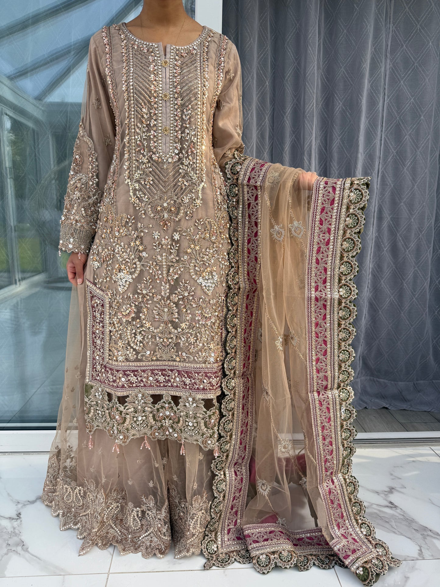 ZAINA - Handwork embellished net kameez with sharara