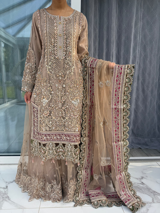 ZAINA - Handwork embellished net kameez with sharara