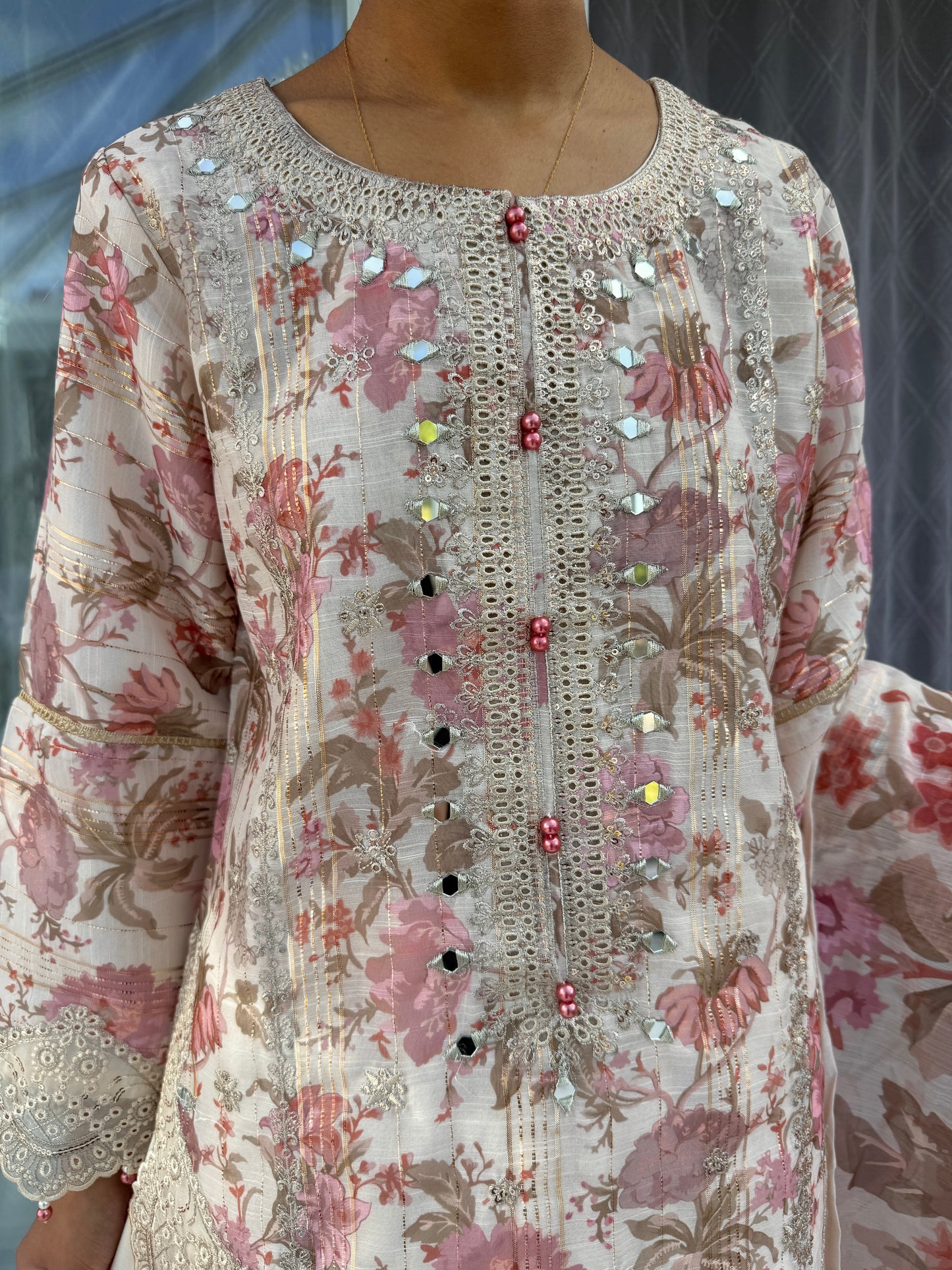 GULNAZ SHARARA - Embroidered floral printed Monar kameez with Kali sharara pink
