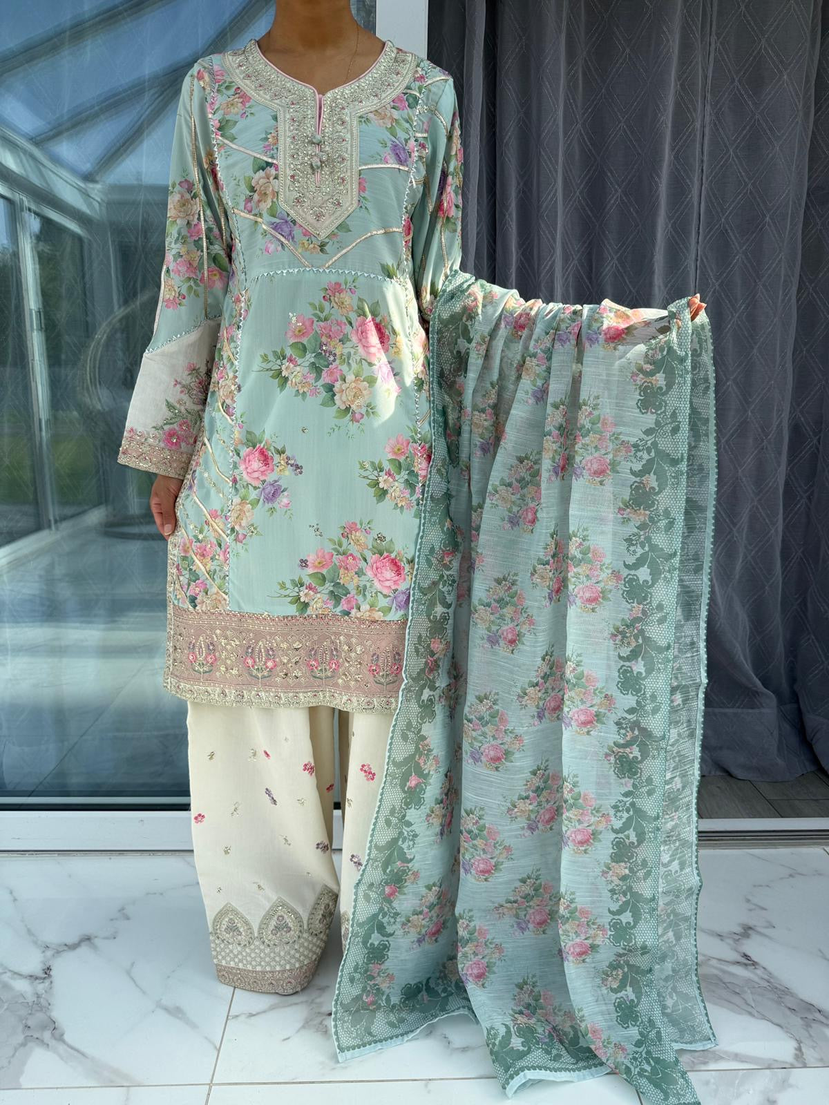 GULNOOR - Embroidered floral viscose kameez with embroidered farshi shalwar